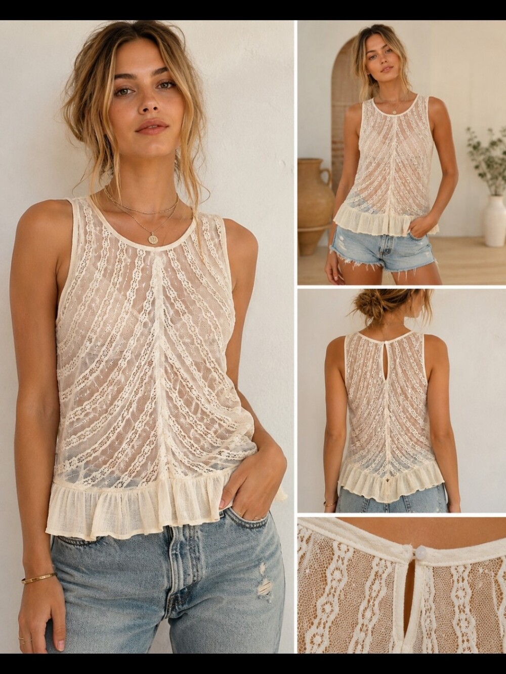 FREE PEOPLE XS Lace Overlay Tank with Scallop Detail